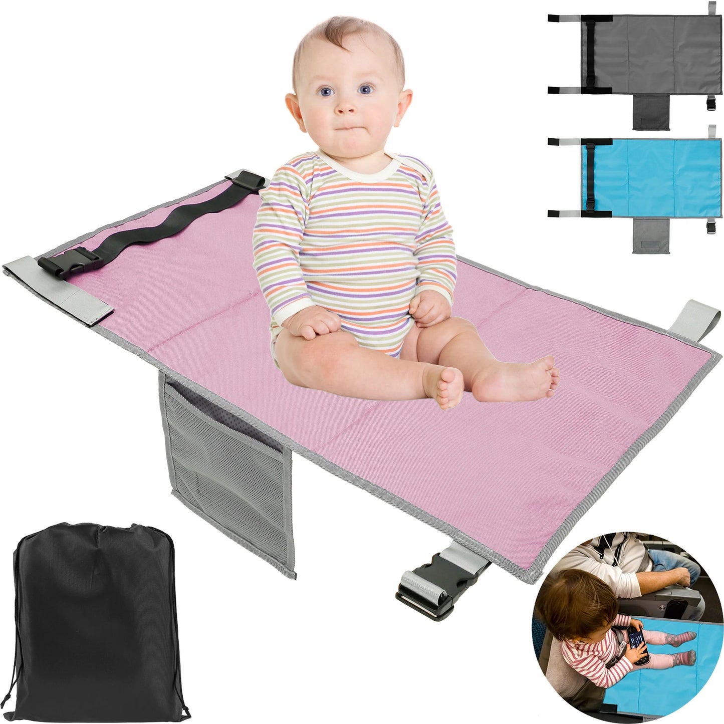Lit de voyage pour enfant à utiliser en avion. Facile à installer entre deux sièges, ce lit pliable offre un espace sûr et confortable pour que votre bébé ou tout-petit puisse dormir pendant le vol. Léger, antidérapant et facile à nettoyer – idéal pour les familles qui voyagent en avion.