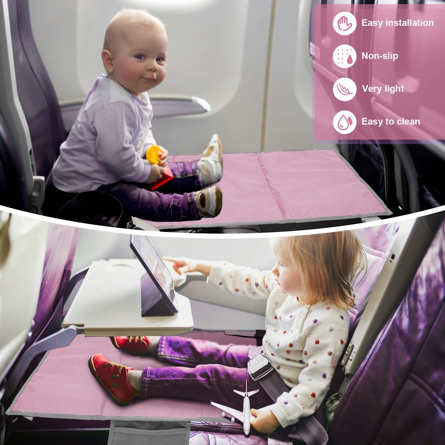 Lit de voyage pour enfant à utiliser en avion. Facile à installer entre deux sièges, ce lit pliable offre un espace sûr et confortable pour que votre bébé ou tout-petit puisse dormir pendant le vol. Léger, antidérapant et facile à nettoyer – idéal pour les familles qui voyagent en avion.